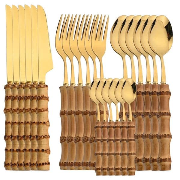 24Pcs Bamboo Tableware Sets Stainless Steel Bamboo Cutlery Set Purely Natural Handle Flatware Set Dinnerware Steak Knife Cutlery 260324BJ