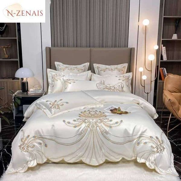 4/6Pcs White Gray Sateen Gold Embroidery Luxury Satin Cotton Bedding set Double Queen King Comforter Cover Bed Sheet Pillowcases 26Y0402