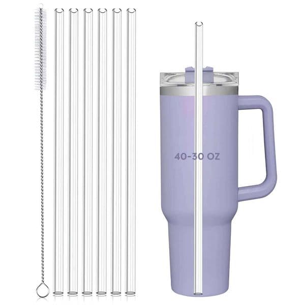 Replacement Straws for Stanley 30oz/40oz Tumblers, 12" BPA-Free Hard Plastic, 6 Pack w/Cleaning Brush, Clear & Reusable