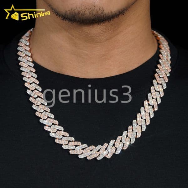 Rapper Jewelry Hip Hop Necklace 925 Sterling Silver 15MM Iced Out VVS Baguette Diamond Moissanite Cuban Link Chain