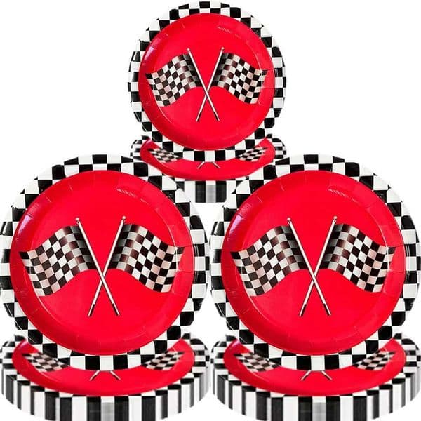 12/60pcs Red Racing Paper Plates Disposable Plates Red Racing Car Theme Party Black White Checkered Kids Birthday Party Supplies X260402