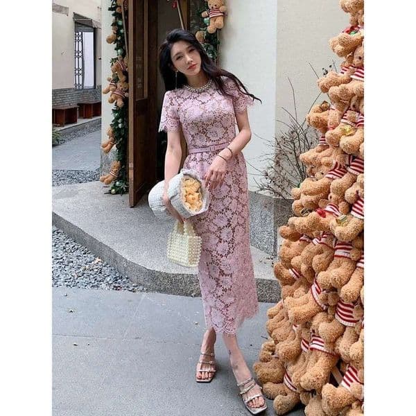 2026 Summer New French Thick Lace Long Women's Handmade Inlaid rhinestone with Belt S18 Slim FC Elegant Dress