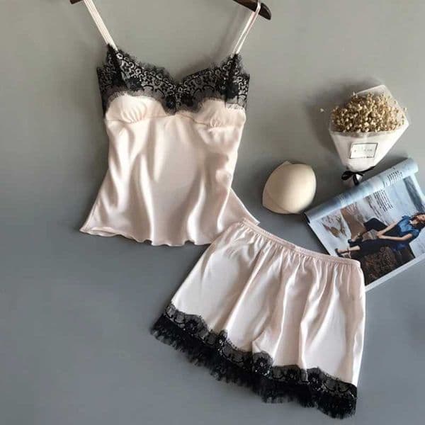 Women Pajama Suit Fashion V-Neck Stretch Satin Babydoll Lace Sexy Lingerie Bowknot Pyjamas Sleep Shorts Set Sleepwear New