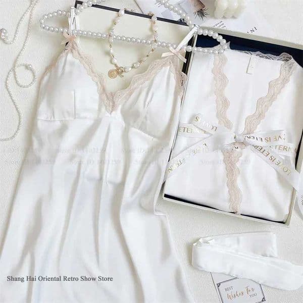 Sexy Lace Twinset Robe Set Suspender Nightdress Lingerie Sleepwear Spring Summer New Sleepwear Nightgown Loose Home Dress Pajama