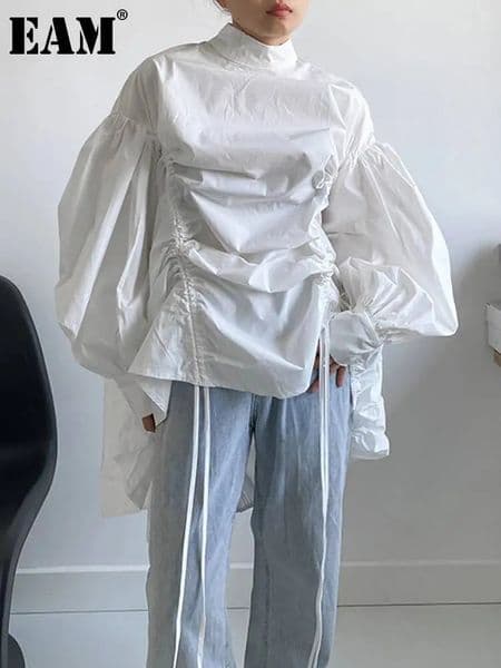 EAM Women Irregular Drawstring Big Size White Blouse Stand Collar Long Sleeve Shirt Fashion Spring Autumn 2026 1Z189 w260312BJ