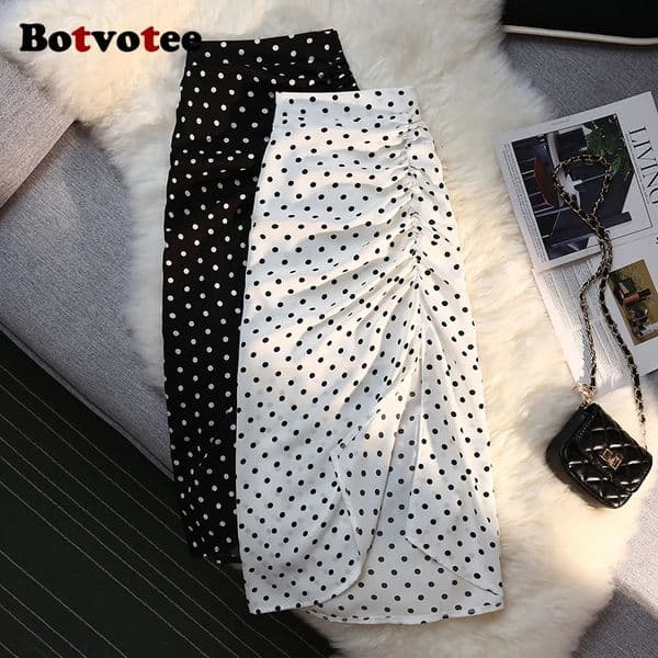 Botvotee Sexy Vintage Pokal Dot Print Trumpet Midi Skirt for Women Back Elastic Band Side Split Ruffles Long Black Skirt 260403