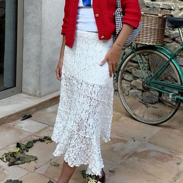 Maemukilabe Vintage Lace Midi Skirt Floral Sheer See-Through Irregular Hem A-line Skirt Fairy Streetwear Chic Women Long Skirt 260403