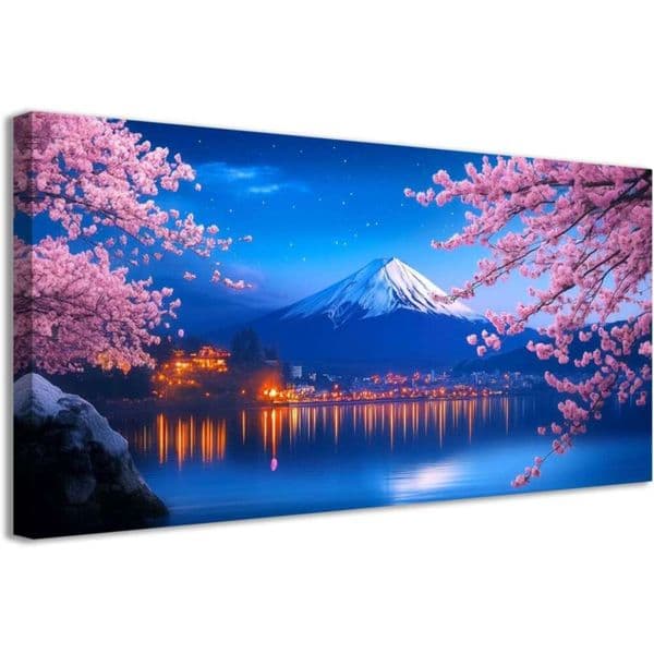 CCWACPP Cherry Blossoms Canvas Mount Fuji Picture Japan Mountains and Flower Art Prints Japanese Wall Decor Framed for Living Room Bedroom Home 12.00" x 24.00"