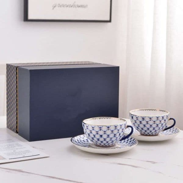 Russian Imperial Cobalt Blue Mesh Pattern European Style Coffee Ceramic Gift Box Set Exquisite Tea Cup High-end Light Luxury