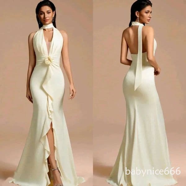 Sexy Mermaid Evening Pageant Dress Halter Backlss Ruffles Silt Flower Pleat Long Satin Formal Prom Party Gowns Vestios De Gala