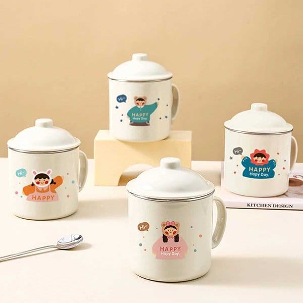 304 Stainless Steel Coffee Mug with Lid And Handle Cartoon Double-layer Insulated Anti-Scalding Drinking Cup for Kids Drinkware H260403