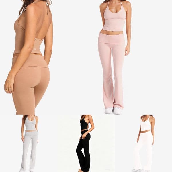 1178AO Women Tank Nude Folded Women's Yoga Outfit Featuring Hip-Lift Trousers and Back Center Design Sports Bra Workout Set