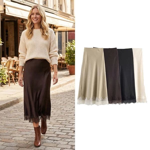 Willshela Women Fashion Solid Lace Side Hem Pleated A-Line Midi Skirt Vintage High Elastic Waist Female Chic Lady Skirts 260403