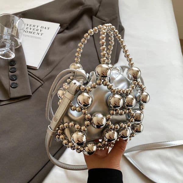 Beaded Handbags Hollow Woven Pearls Bags for Women Fashion Drawstring Shoulder Bag Lady Evening Bag Party Wedding Clutch 260402