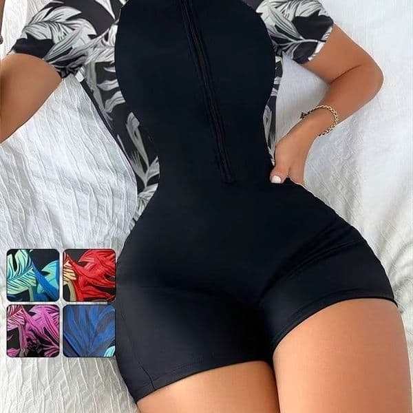 One Piece Floral Swimwear Swim Suit Women Short Sleeve Swimsuit Zip Front Tropical Plant Surfing Sun ProtectionNo builtin bra 260324