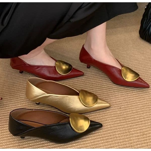 ner Pointed Toe Women High Heel Shoes Fashion Gold Metal Shallow Slip on Single Shoes Thin Low Heel Dress Pumps 260402BJ