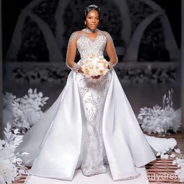 2026 Plus Size Dresses Bridal For Bride With Detachable Train Mermaid High Neck Long Sleeves Beaded Lace Rhine ZD12stones Wedding Gowns ZD10 ZD10