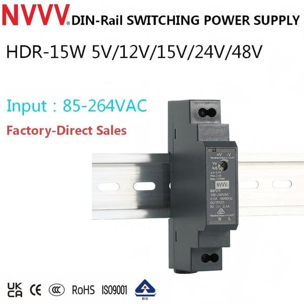 HDR-15W 5V 12V 15V 24V 48V SMPS 110V/220V AC To DC DIN Rail Installation Ultra Slim Industrial Switching Power Supply
