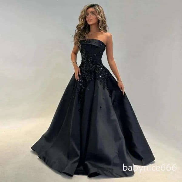 2026 Elegant Black Prom Party Dress Strapless Lace Appliques Beads A-line Formal Evening Pageant Gown Birthday Robe De Soriee