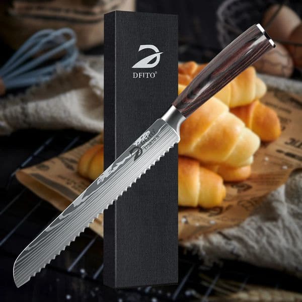 MDHAND Kitchen Bread Knife Serrated n Laser Damascus Knives 7CR17 Stainless Steel Blade Chef gift box 260403