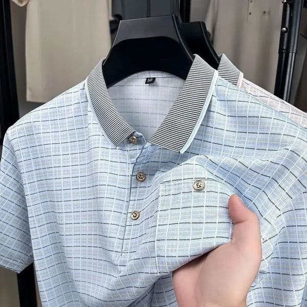 Summer Ice Silk Mens Short Sleeve T-Shirt Turn-Down Collar Casual Polo Shirt Top with Pocket 260402