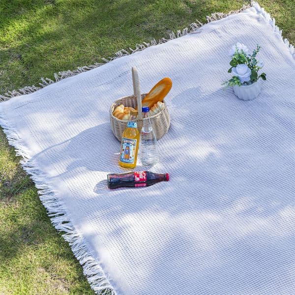 Free Shipping High Value Boho White Waffle Tassel Picnic Blanket Multiuse Sofa Throw