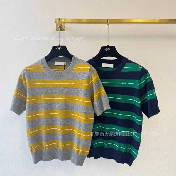 Women's Knits & Tees Designer Brand Top Level Early Spring New Style Color-Block Striped Round-Neck Knit Short Sleeve UNLG