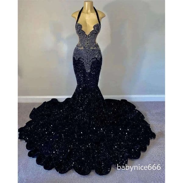 2026 Sexy Mermaid Prom Dress Sparkly Halter Beaded Sequins Diamond Black Girl Evening Birthday Party Gowns Celebrity Wear Robe De Soiree Custom Made