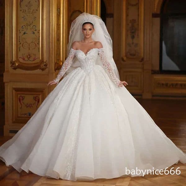 Elegant Princess Wedding Dress 2026 Sweetheart Off The Shoulder Pearl Lace Applique Bridal Bride Gown Train Arabic Dubai Vestidos De Novia