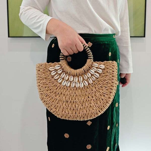 New Vintage Straw Hand-Held Semi-Round Shell Paper Rope Woven Bag, Women's Vacation Beach Bag Kl928