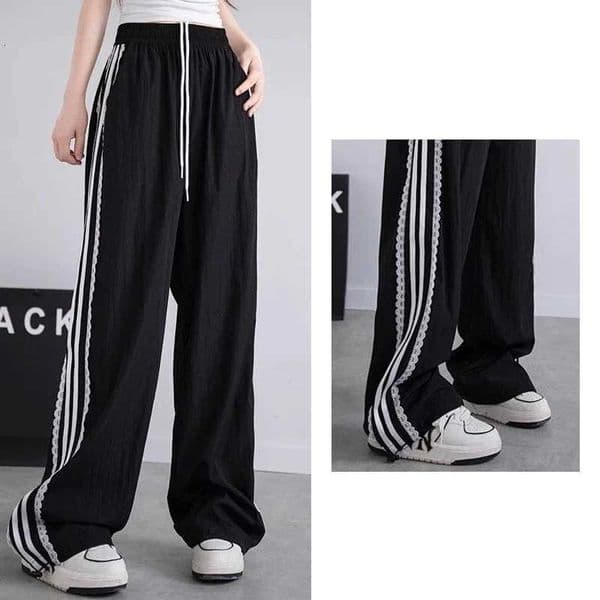 Chic Fashion Girls Lace Patchwork Pants Women Quick Drying Loose Casual Trousers 2025 Lady Designer Striped Thin PantsT260403