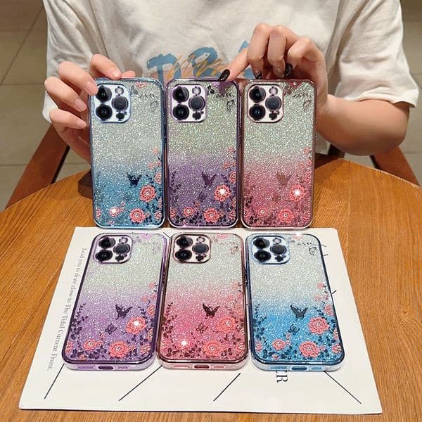 Bling Diamond Flower 6D Chromed Soft TPU Cases For Iphone 17 Air 16 15 Plus 14 Pro Max 13 12 11 X XS Butterfly Luxury Glitter Sparkle Fashion Soft Silicone Mobile Cover