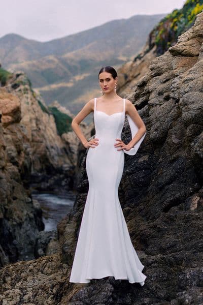 DMCH0047 Satin Mermaid Wedding Dresses Spaghetti Strap Cowl Neck Bridal Gown with Cape Open Back Chapel Train Wedding Dress