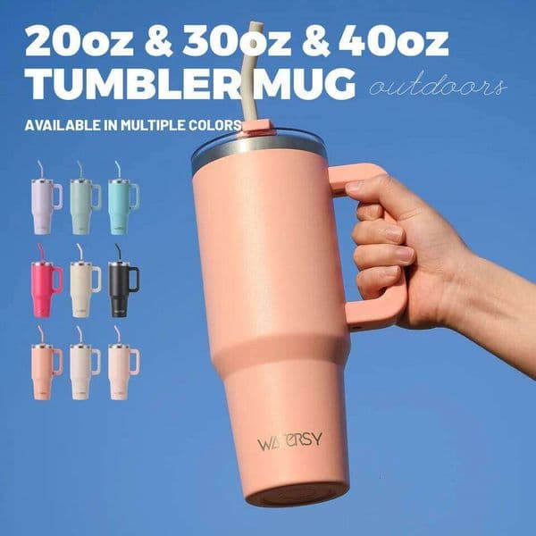 WATERSY 20/30/40oz Tumbler with Handle & Straw, Large Capacity Stainless Steel Thermal Cup, Vacuum Insulated Mug for Car, Travel 26Y0403