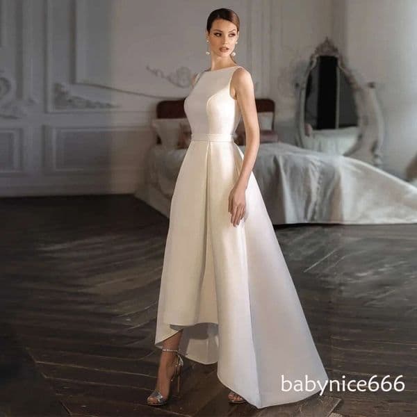 2026 Simple Classic Women Wedding Dress Scoop Sleeveless Open Back High Low Satin Bride Party Gowns Robe De Mariee