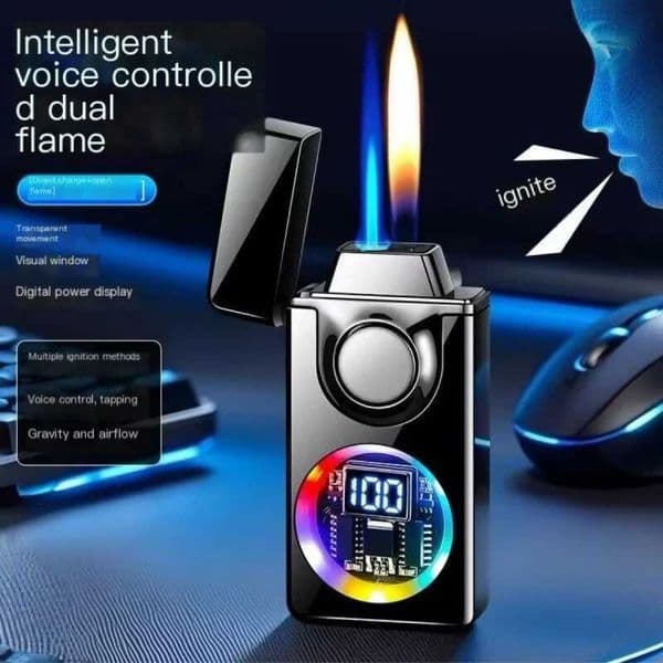 2025 New Voice Controlled Ignition Gas Lighter Color Light Battery Display Open Fire Switching Jet Fire USB Electric LightersT260403