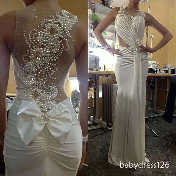 Ivory Spandex Mermaid Evening Dresses Special Occasion Crystal Pearls Floor Length Elegant Formal Gowns For Women Wear D07 B0313 ZD19
