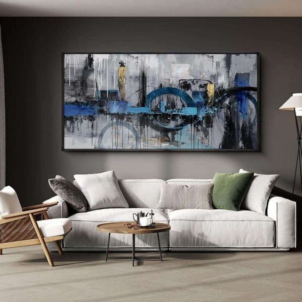 KLAKLA Blue and Gray Abstract Canvas Art - Lnk Style Gold City Scenes Living Room Bedroom Decoration Black Frame Picture Artwork for Modern Landscape Wall Decor