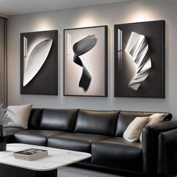 Large Framed Black White Abstract Wall Art Living Room, 3 Piece Modern Contemporary Pictures Artwork Decor, Geometric Luxury Bright Style Prints Paintings for