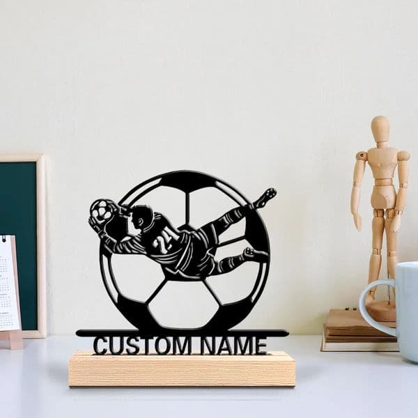 1pc Fashion Personalized Custom Football Goalkeeper Metal Statues Metal Art With Wooden Base Perfect For Bedrooms Birthday Gifts 260402