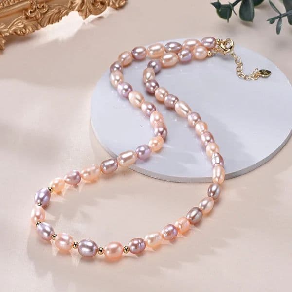 HENGSHENG 6-7mm Rice Shape Freshwater White Pink Purple Mixed Color Pearl Necklace 925 Sterling Silver Jewelry for Women Girls 260325