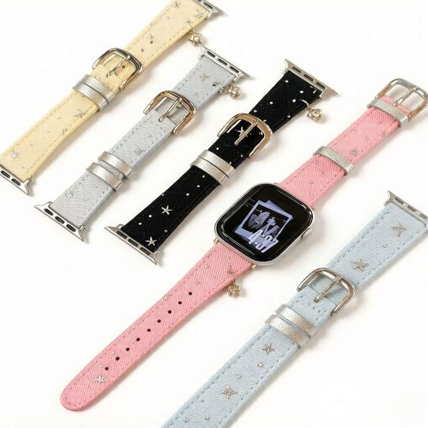 Star Charm Leather Watch Band for apple watch series11/10/9/8/7/6/5/4/Ultra/1/2/3/ Cute Crystal Star Pendant Strap for iWatch 38 40 41 42 44 45 46 49mm