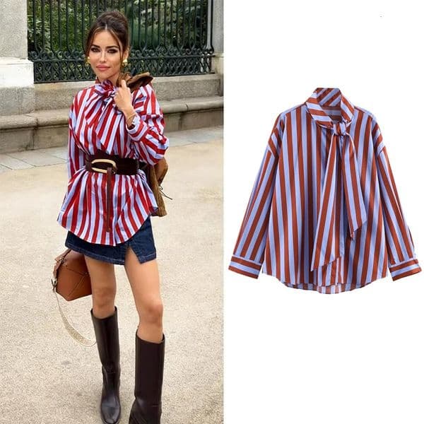 Women Music Festival Chic Blouse Womens Loose Fit Striped Shirt Bow Single Breasted Simple Casual Female Top 260330
