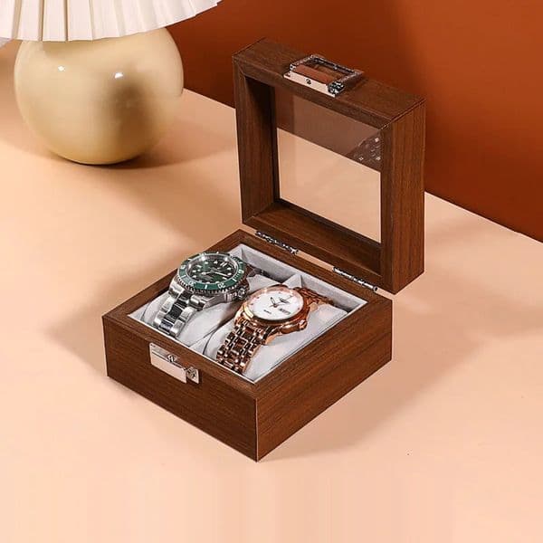 WELLZONE Classical Walnut Wood 2 Slots Watch Case HighEnd Solid Box With Transparent Glass Skylight 260403