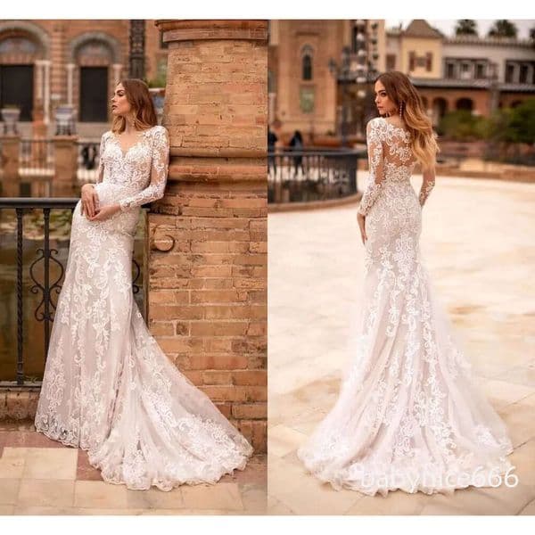Bohemian Lace Embroidery Mermaid Wedding Dresses For Bride Sheer Neck Long Sleeves Civil Country Bridal Gowns Sweep Train Back Buttons Vestidos De Novia LG0729