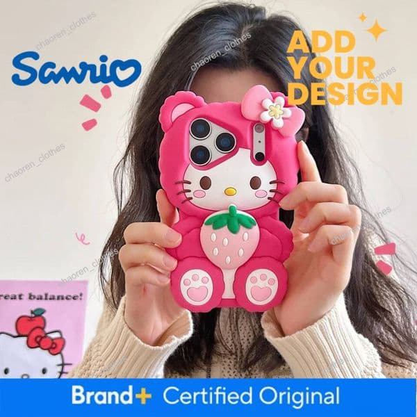 Korea Cute Bowknot Strawberries Sanrio Kitty Cat 3D Silicone Soft Phone Case For Iphone 17 16 15 14 13 Pro Max 16 15 Plus Cover Luxury Goods