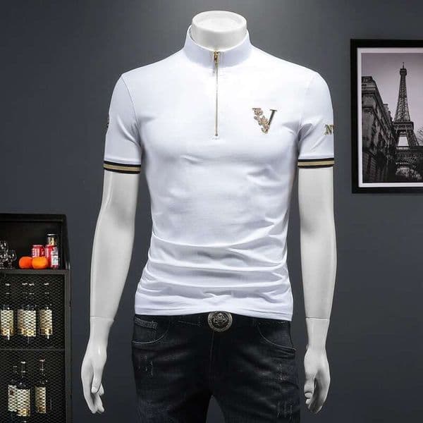 European New Men's Mercerized Cotton Short-Sleeve T-Shirt With High Collar, Half-Zip, Embroidered, Casual, Plus Size Base Shirt
