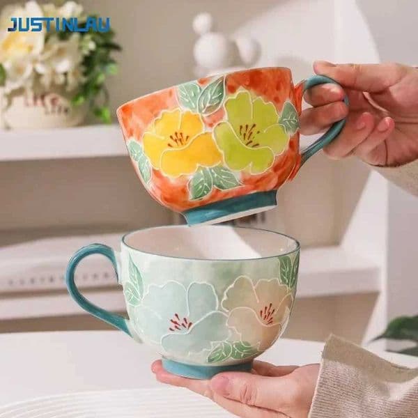 JUSTINLAU Ceramic Household Relief Flower Tea Cup Breakfast Milk Oat Mugs Office Hand Drawn Art Drinking Water Cups Coffee Cup H260403