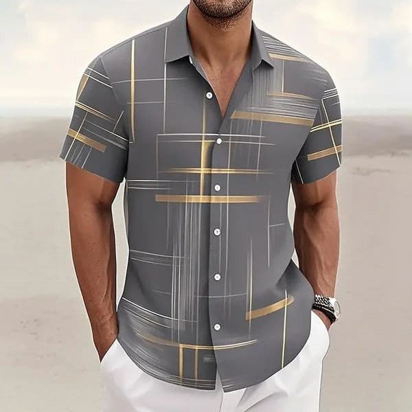 Mens Geometric Plaid Button Shirt Casual Fashion Outdoor Vacation Street Trend Shirt 3D Printed Short Sleeve Shirt 260402