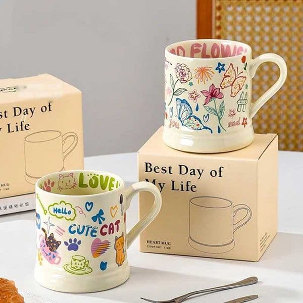 French Graffiti Ceramic Mug Cute Coffee Mugs Breakfast Milk Juice Cups Cute Office Water Cup Couple Tea Cup Christmas Gift H260403